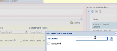 Add Association Members dialog with the Institution field