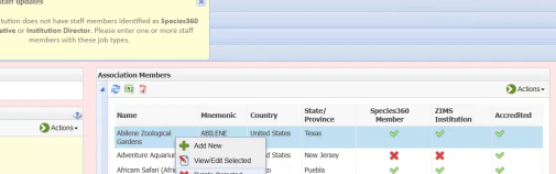 Right-clicking an institution in the Association Members panel